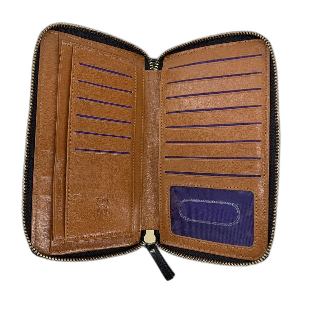 Tusk Genuine Leather Double Zip Wallet Organizer Clutch Womens Blank and Tan - Picture 4 of 6